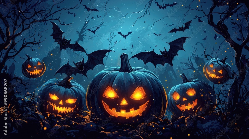 Fototapeta premium Spooky Halloween night with glowing pumpkins and bats