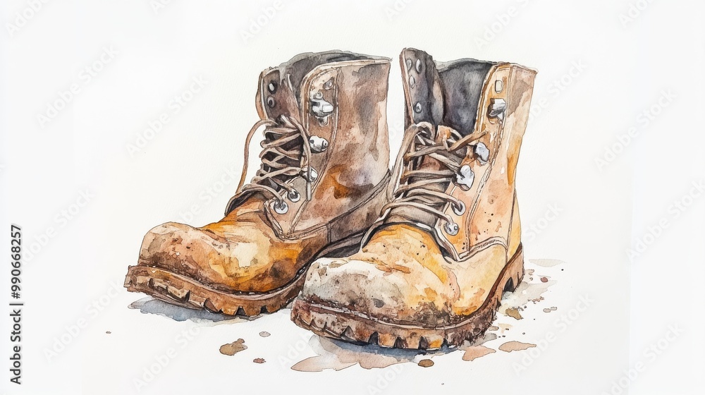 Worn work boots resting on a surface with dirt, showcasing their ruggedness and history of use in outdoor activities Worn work boots resting on a surface with dirt, showcasing their ruggedness and history of use in outdoor activities