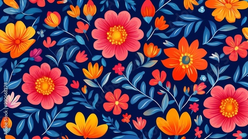Wallpaper Mural This captivating illustration showcases a seamless pattern filled with detailed Indian floral designs, blending vibrant colors with delicate leaves. Each flower celebrates nature's beauty organically. Torontodigital.ca