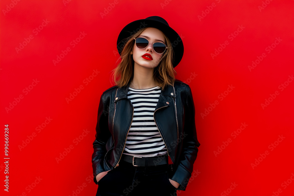 Young woman posing on a red background in a stylish black jacket, striped t-shirt, and hat. Young woman posing on a red background in a stylish black jacket, striped t-shirt, and hat.