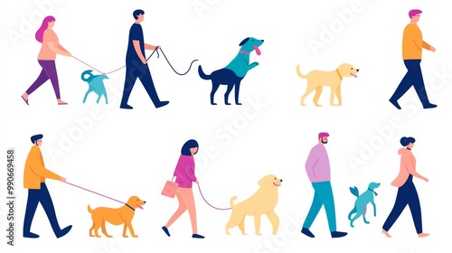Individuals delight in walking their dogs in a lively urban environment, showcasing the bond between pets and their owners