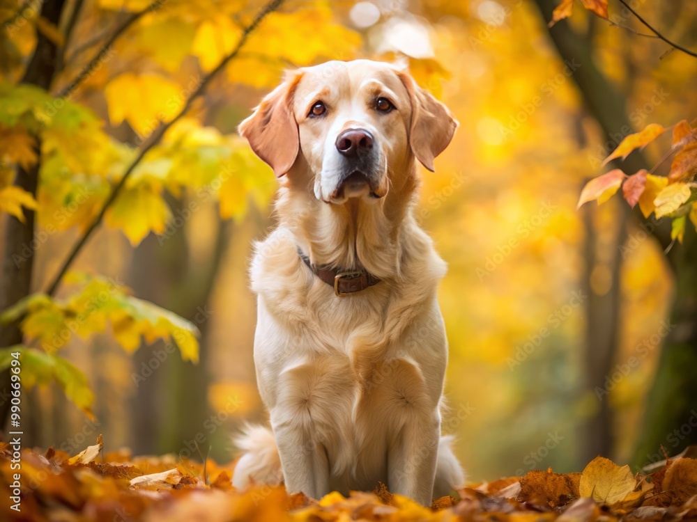 A golden labrador retriever, its fur gilded by the warm sunshine, sits poised amidst a verdant backdrop, its A golden labrador retriever, its fur gilded by the warm sunshine, sits poised amidst a verdant backdrop, its