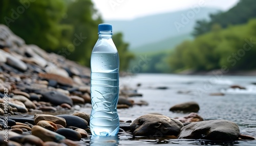 Plastic water bottle discarded on rocky riverbank against natural backdrop photo