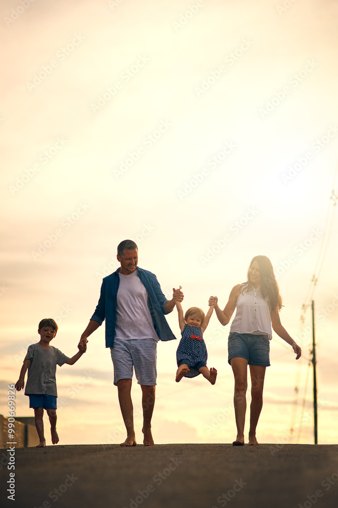 Fototapeta premium Love, support and holding hands with family walking in street for solidarity, bonding and peace. Sunset, calm and summer vacation with people in neighborhood for children, happiness and mockup