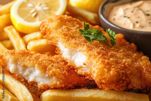 Crispy deep fried Alaska pollock fillets with fries remoulade sauce and lemon