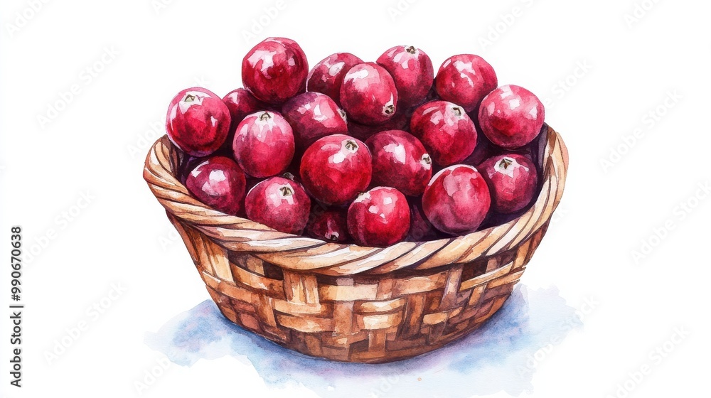 Freshly picked crimson cranberries in a handwoven wicker basket set against a white background Freshly picked crimson cranberries in a handwoven wicker basket set against a white background