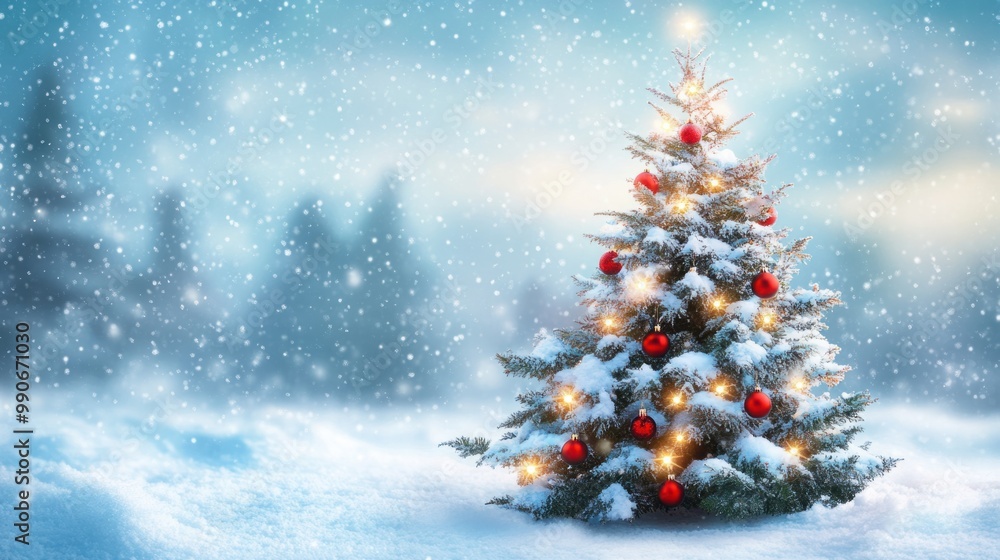 Snow-covered Christmas tree with glowing lights and red ornaments in a magical winter landscape. Snow-covered Christmas tree with glowing lights and red ornaments in a magical winter landscape.