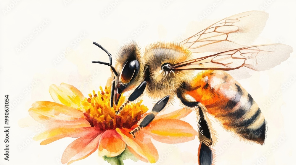A detailed view of a honeybee collecting nectar from a vibrant flower in a sunny garden during summer A detailed view of a honeybee collecting nectar from a vibrant flower in a sunny garden during summer