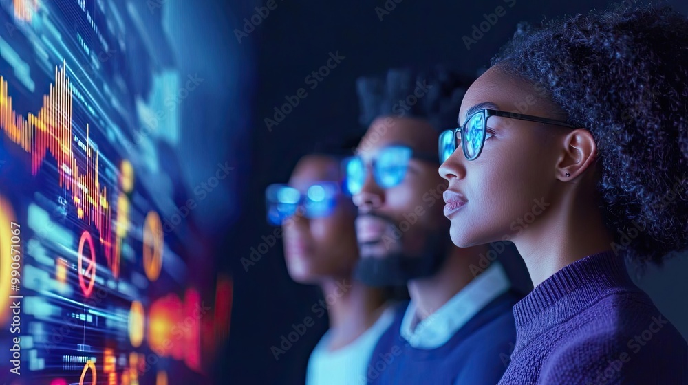 Diverse team brainstorming with holographic projections of digital marketing metrics, symbolizing collaboration Diverse team brainstorming with holographic projections of digital marketing metrics, symbolizing collaboration