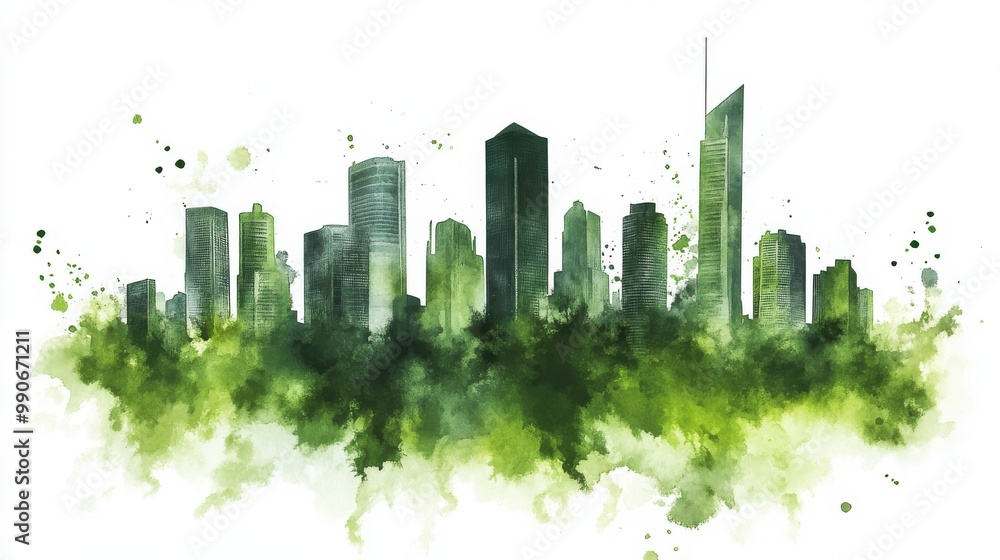 Obraz premium A vibrant green watercolor skyline showcasing modern city architecture with lush greenery at sunrise