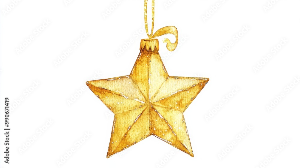 A golden star ornament hanging with a delicate loop against a white background, perfect for festive holiday decorations A golden star ornament hanging with a delicate loop against a white background, perfect for festive holiday decorations