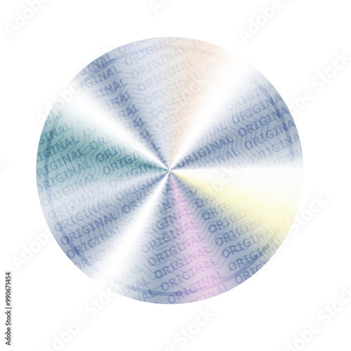 Holographic iridescent shiny textured sticker for product guarantee. Realistic hologram icon. Holographic label with silver texture. Holographic shimmering sticker. Original official seal.