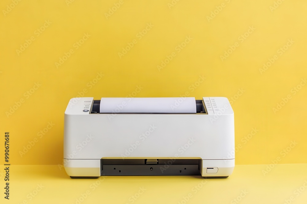Current printer on yellow backdrop with paper Current printer on yellow backdrop with paper