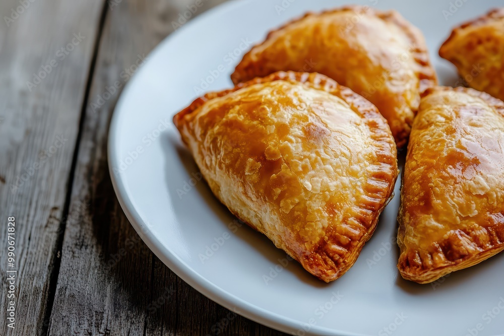Curry puffs a Central Thai snack are deep fried pies filled with chicken and potatoes served on a white plate Curry puffs a Central Thai snack are deep fried pies filled with chicken and potatoes served on a white plate