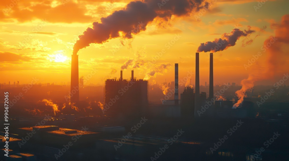 Silhouetted factory smokestacks with plumes of smoke against a sunset sky. Silhouetted factory smokestacks with plumes of smoke against a sunset sky.