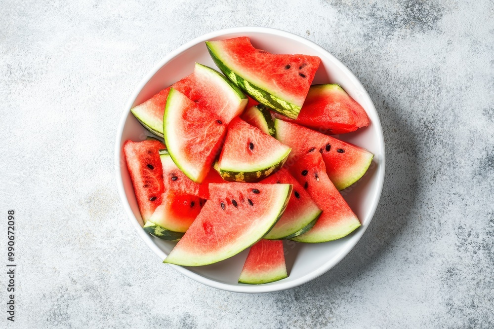 Cut watermelon in a white bowl against a white backdrop seen from above Cut watermelon in a white bowl against a white backdrop seen from above