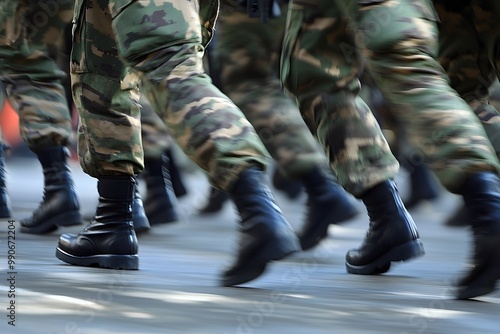 Soldiers marching in synchronization, camouflaged uniforms, blurred effects emphasizing motion and unity