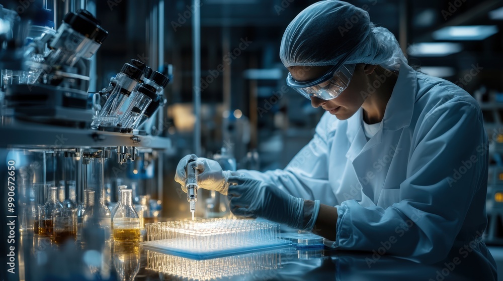 A scientist in full laboratory attire diligently works on a scientific experiment, holding a pipette over a well plate, surrounded by advanced laboratory equipment. A scientist in full laboratory attire diligently works on a scientific experiment, holding a pipette over a well plate, surrounded by advanced laboratory equipment.