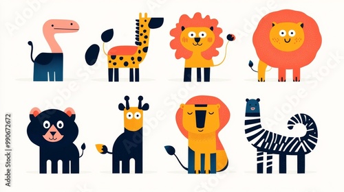 A delightful collection of charming savannah animals like lions, giraffes, and flamingos is brought to life in cheerful colors, perfect for children's art and learning. photo