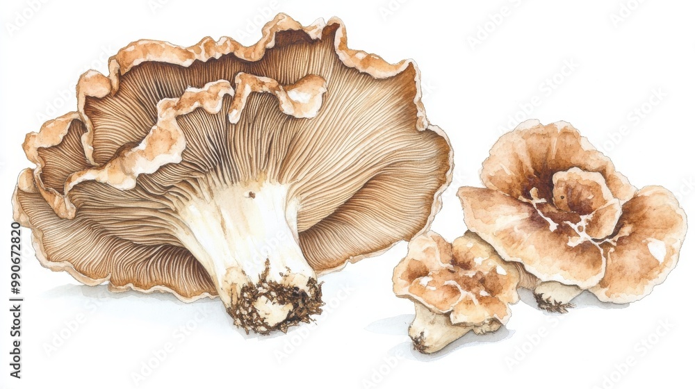 A detailed illustration of three mushrooms with layered caps and unique textures showcasing natural beauty and diversity in fungi A detailed illustration of three mushrooms with layered caps and unique textures showcasing natural beauty and diversity in fungi