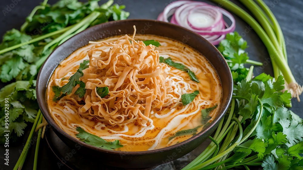 A bowl of Khao Soi, a popular Thai noodle soup, with shredded chicken, coconut milk, and curry paste. A bowl of Khao Soi, a popular Thai noodle soup, with shredded chicken, coconut milk, and curry paste.