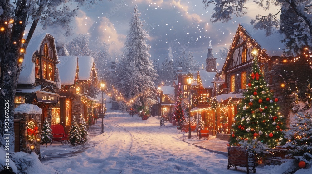 Snowy village scene with glowing Christmas lights, decorated trees, and festive storefronts. Snowy village scene with glowing Christmas lights, decorated trees, and festive storefronts.