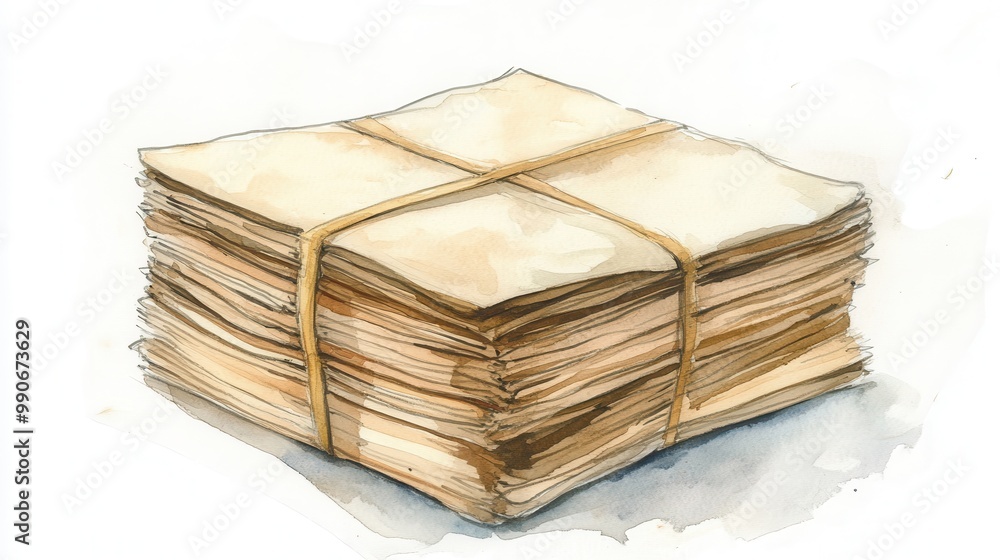 A neatly bundled stack of aged paper tied with string resting on a surface in a softly lit room, exuding a vintage charm A neatly bundled stack of aged paper tied with string resting on a surface in a softly lit room, exuding a vintage charm