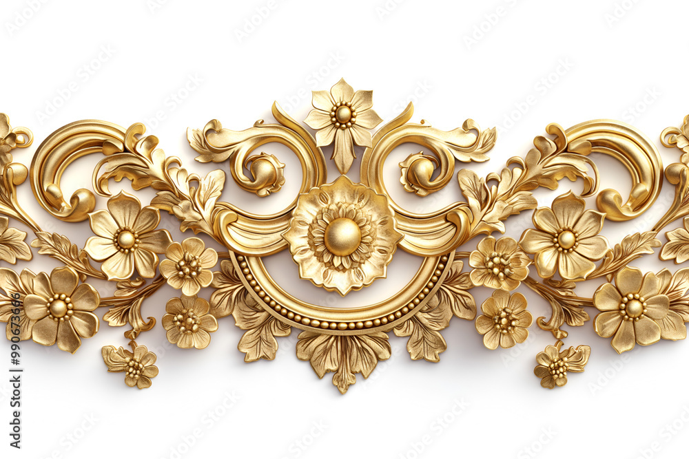 Elegant baroque style gold frame with floral motifs isolated on white, perfect for luxurious invitations, web design, or decorative print materials, featuring detailed flourishes and flowers. Elegant baroque style gold frame with floral motifs isolated on white, perfect for luxurious invitations, web design, or decorative print materials, featuring detailed flourishes and flowers.