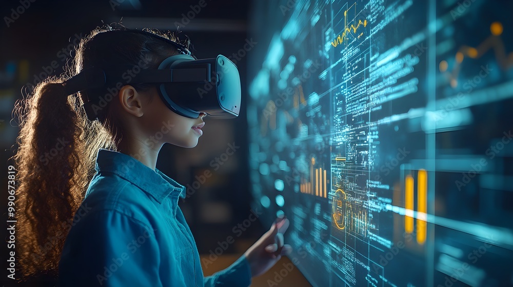 Virtual classroom, school student using VR headset, a large AI hologram displaying data points and algorithms, showcasing future of learning Virtual classroom, school student using VR headset, a large AI hologram displaying data points and algorithms, showcasing future of learning