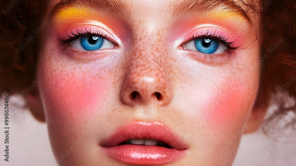 Fototapeta premium fashion model woman make up. Beautiful girl model with multi-colored paints on face. A portrait of a beautiful young girl with make-up in bright colors