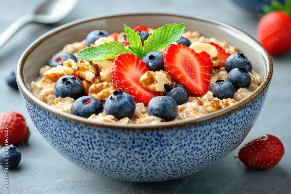 Delicious oatmeal topped with strawberries blueberries and walnuts in a bowl on a grey table Delicious oatmeal topped with strawberries blueberries and walnuts in a bowl on a grey table