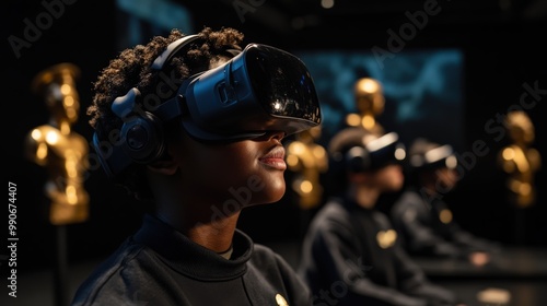 A person with curly hair is fully immersed in a virtual reality experience, showcasing the advanced technology, focused environment, and impactful digital innovation.