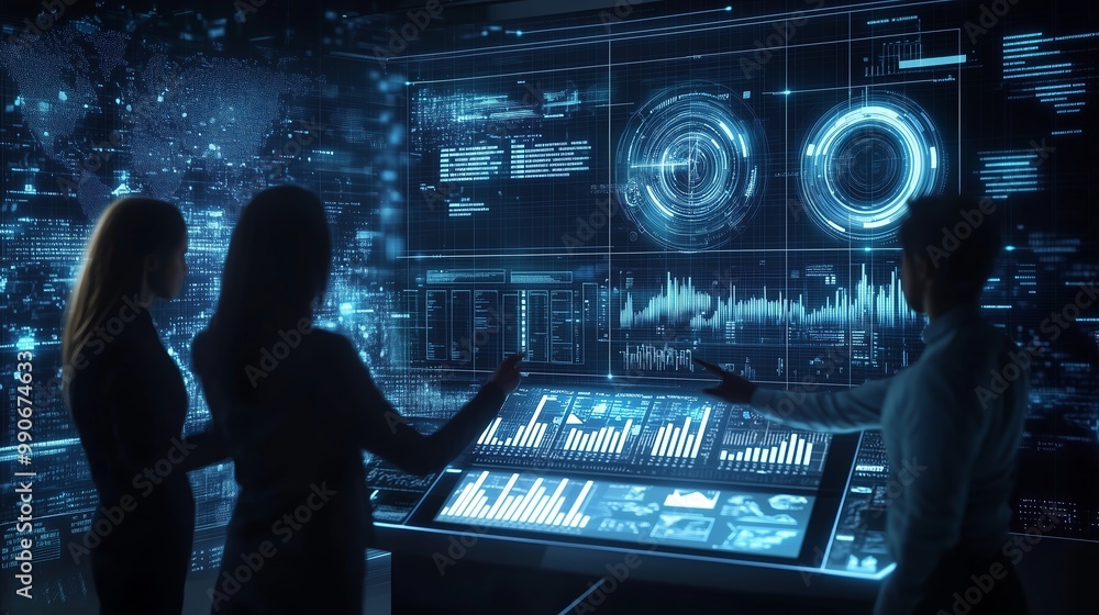 Three professionals analyze complex data visualizations on a high-tech interface in a futuristic workspace during the evening Three professionals analyze complex data visualizations on a high-tech interface in a futuristic workspace during the evening