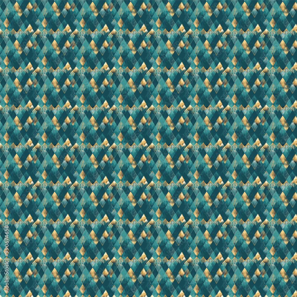 Fototapeta premium Art Deco-inspired pattern with intricate geometric shapes, metallic accents, and sleek lines. Incorporate gold and deep emerald hues to evoke a luxurious 1920s vibe.