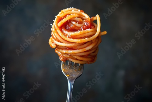 Delicious spaghetti twirled on a fork with classic Italian sauce photo