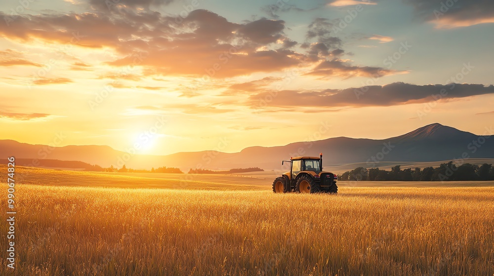 Fototapeta premium A tractor drives through a field at sunset.