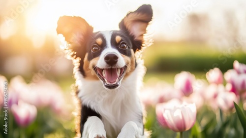 A spirited Miniature American Shepherd runs joyfully through a blooming field of tulips, soaking up the warmth of spring. Flowers sway gently in the breeze, enhancing the lively atmosphere.