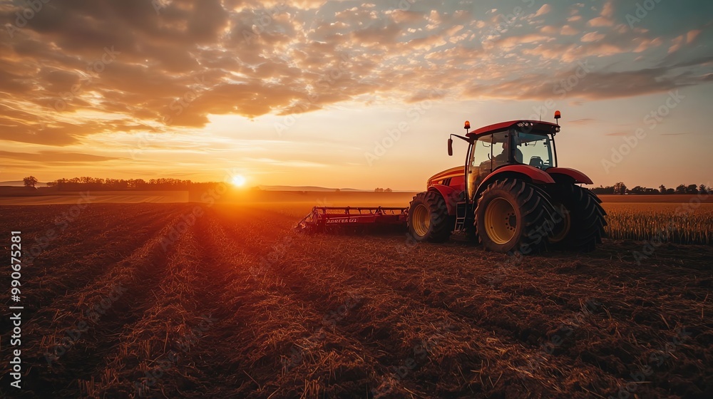 Fototapeta premium A tractor drives through a field at sunset.