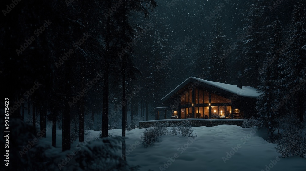 Mystical winter scene featuring a snow-covered cabin amidst a dark forest, with warm glowing light from within, evoking a sense of tranquility and inviting warmth, ideal for winter themes. Mystical winter scene featuring a snow-covered cabin amidst a dark forest, with warm glowing light from within, evoking a sense of tranquility and inviting warmth, ideal for winter themes.