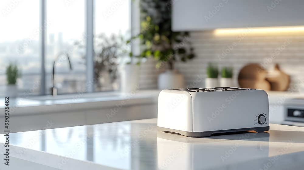 Fototapeta premium A modern white kitchen countertop with a toaster, white ceramic decor