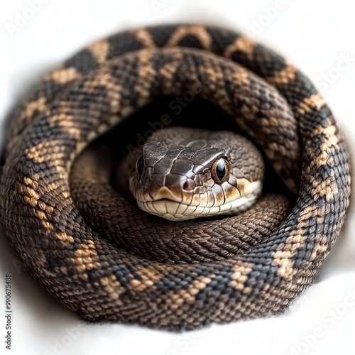 Coiled Beauty A Close-Up Portrait of a Strikingly Patterned Snake on White Background