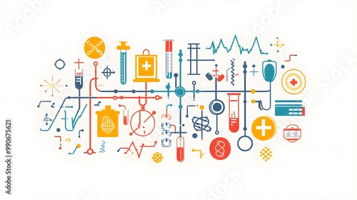 Abstract Medical Illustration with Connected Icons and Symbols