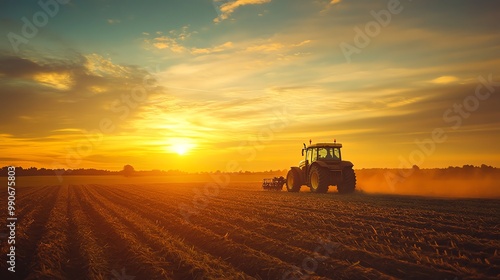 A tractor drives through a field at sunset.