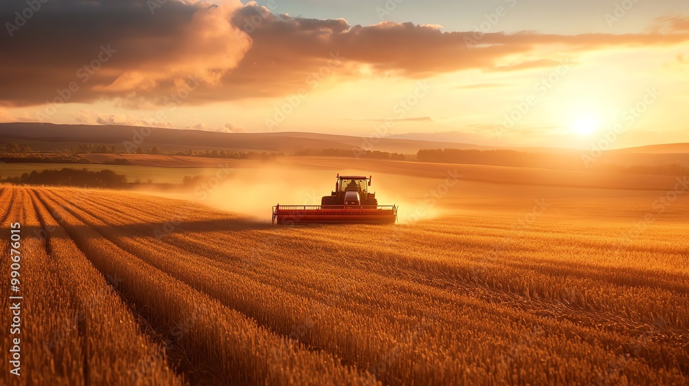 A tractor drives through a field of wheat at sunset. A tractor drives through a field of wheat at sunset.