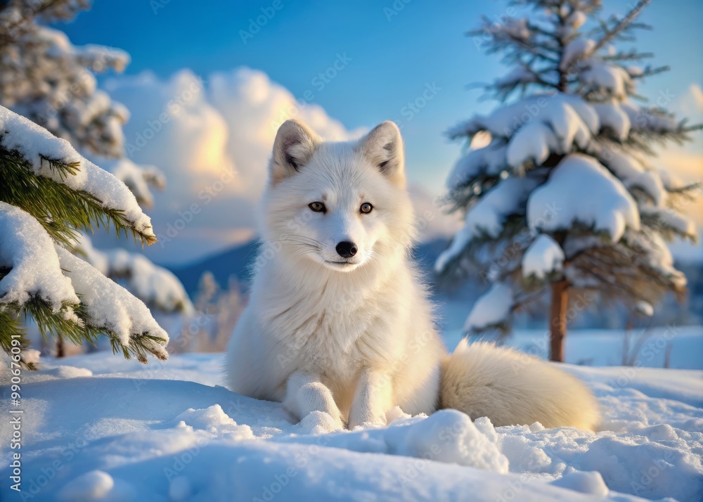 Obraz premium Arctic fox stretches out on the snowy clearing, flanked by snow-covered trees and a brilliant blue sky shining