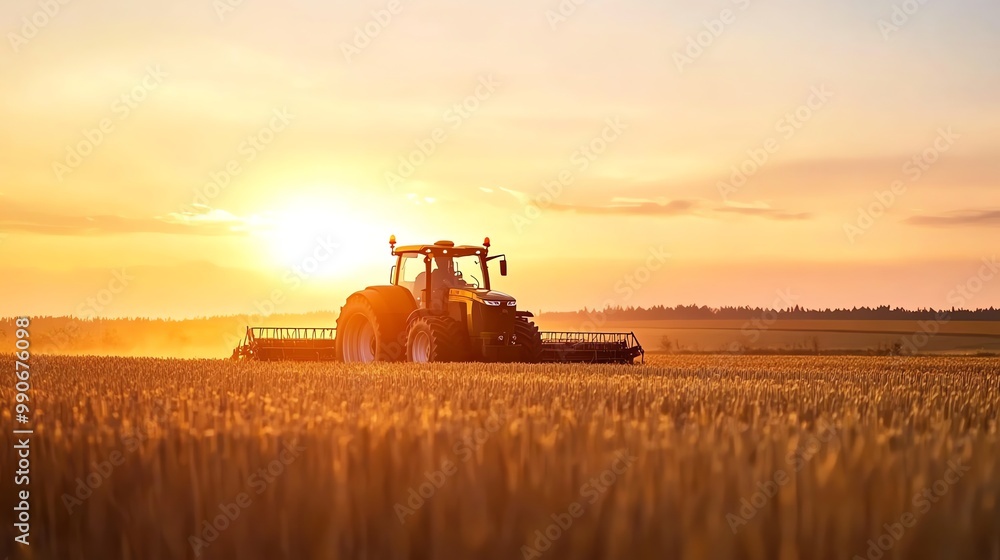 Fototapeta premium A tractor is working a field at sunset.