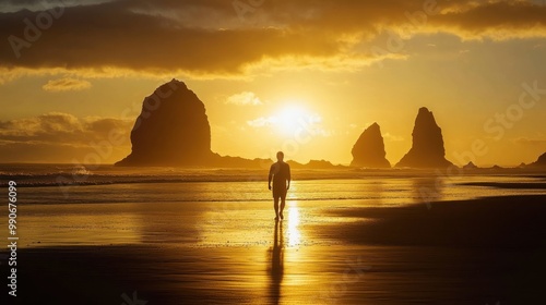 A person walks along the beach at sunset with crashing waves and dramatic rock formations in the background