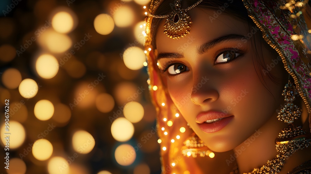 A beautiful Indian woman in traditional attire, adorned with intricate jewelry and makeup, stands gracefully amidst the vibrant lights of Diwali celebration A beautiful Indian woman in traditional attire, adorned with intricate jewelry and makeup, stands gracefully amidst the vibrant lights of Diwali celebration