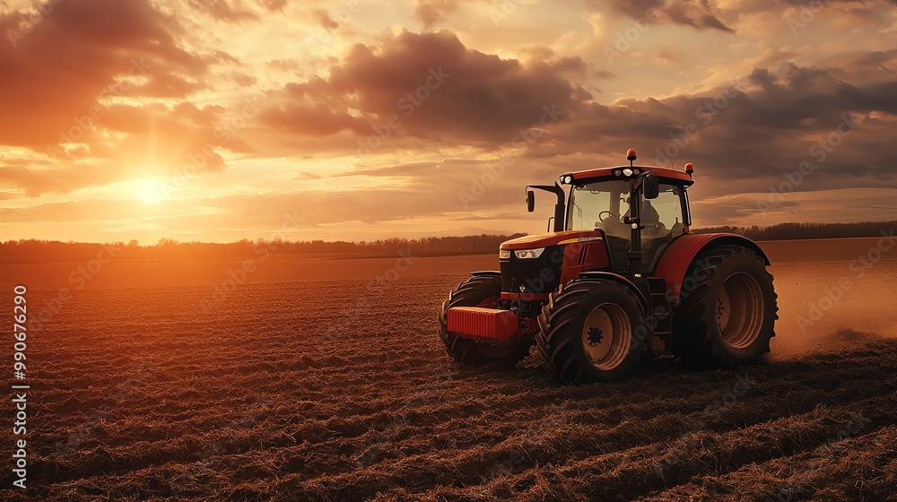 Fototapeta premium A tractor drives through a field at sunset.