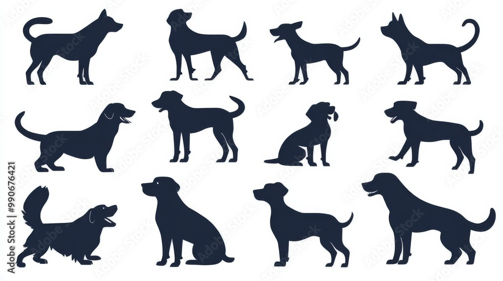Obraz premium A delightful collection of vector silhouettes featuring different dog breeds engaged in playful activities, each capturing the essence and personality of our beloved pets.